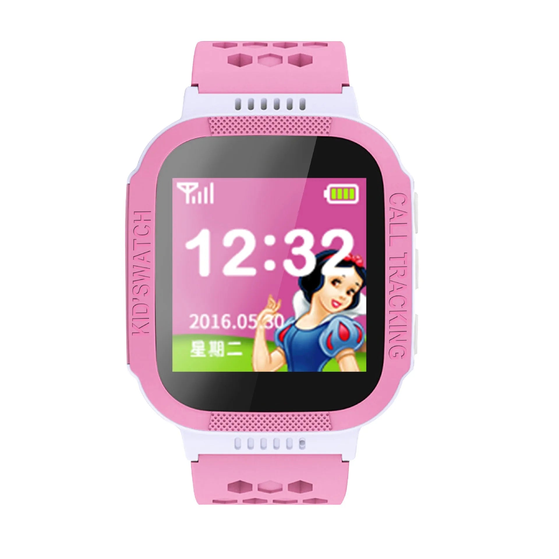 Blue and pink children's phone watch with 1.44 inch IPS screen showing Chinese or English interface