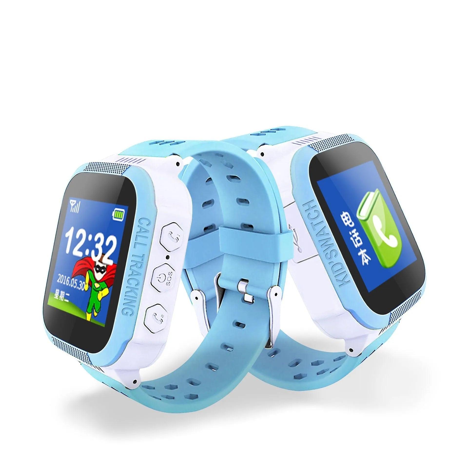 Blue and pink children's phone watch with 1.44 inch IPS screen showing Chinese or English interface