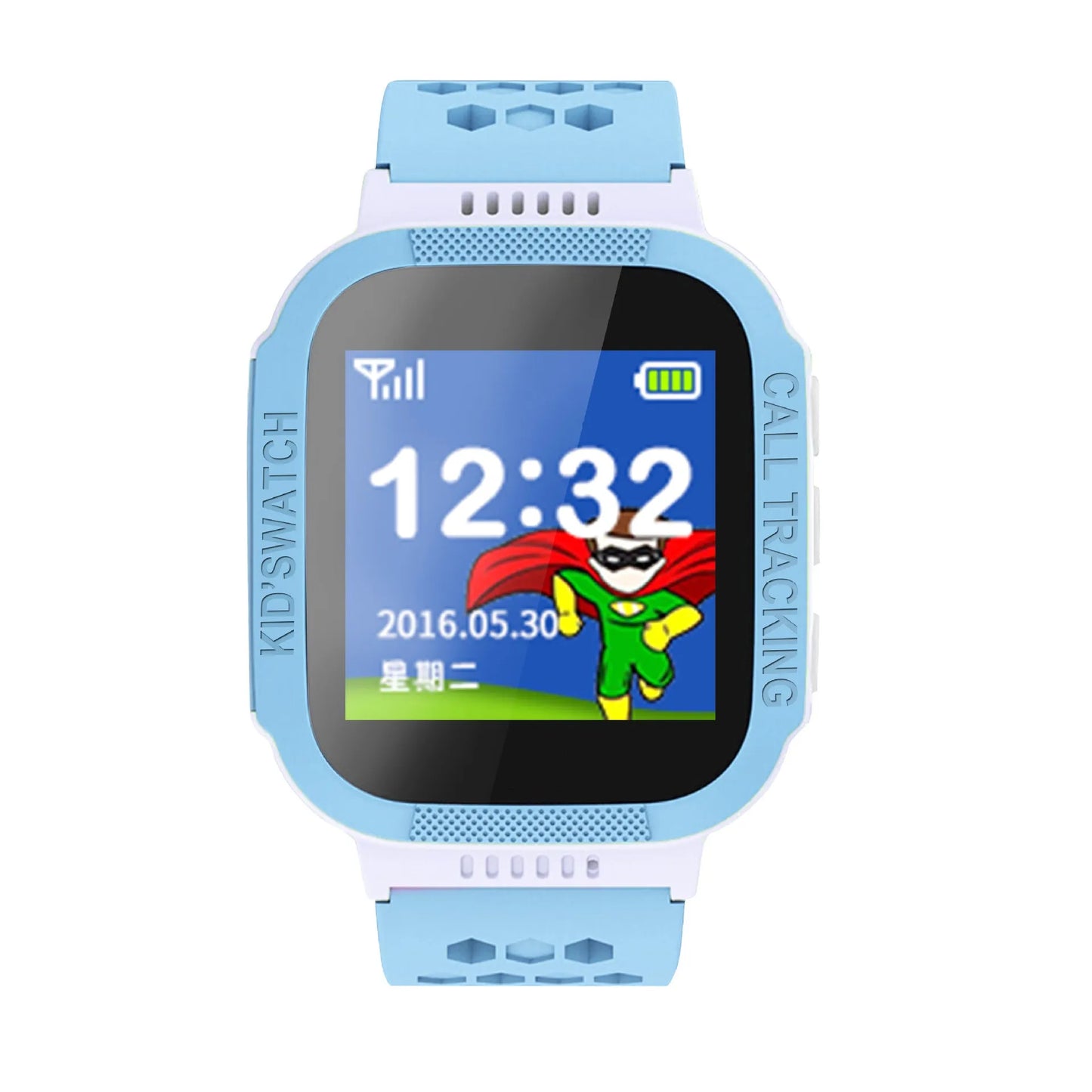 Blue and pink children's phone watch with 1.44 inch IPS screen showing Chinese or English interface