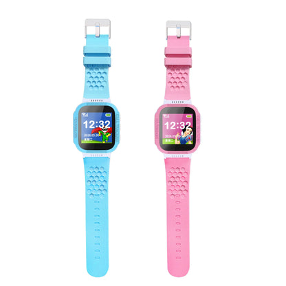 Blue and pink children's phone watch with 1.44 inch IPS screen showing Chinese or English interface