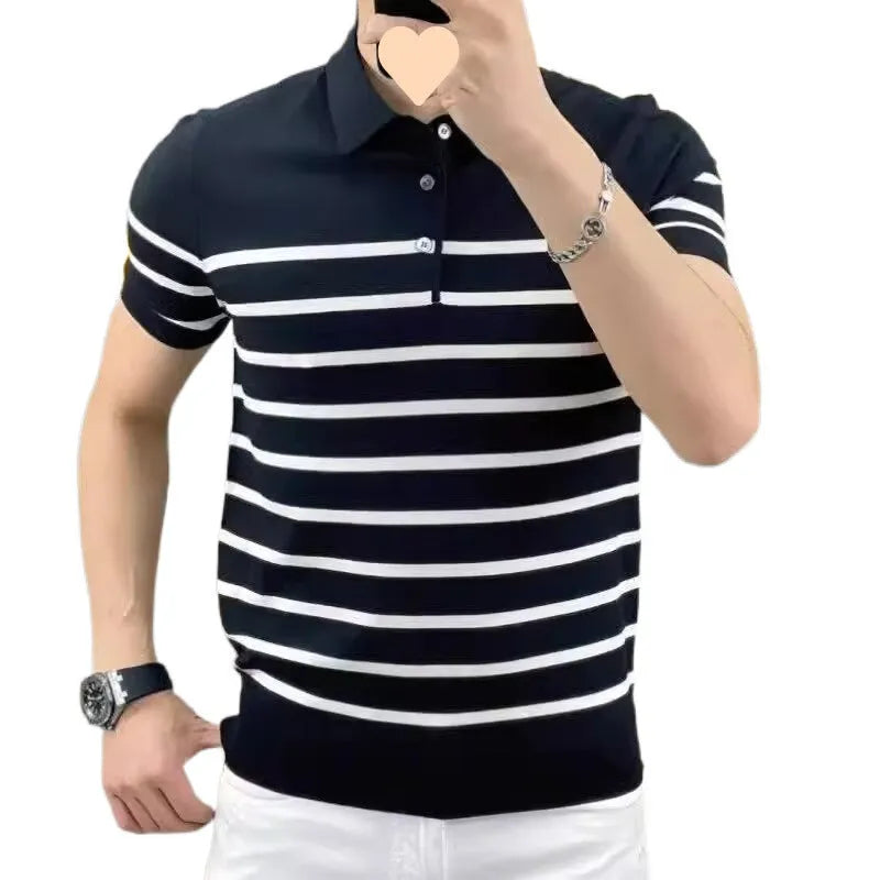 Men's black and white striped pullover T-shirt with a lapel collar detail on a crew neck.