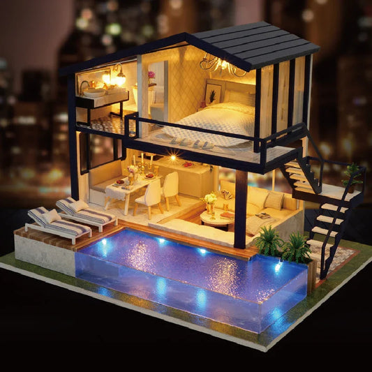 Charming DIY wooden dollhouse with detailed assembly instructions and LED lighting