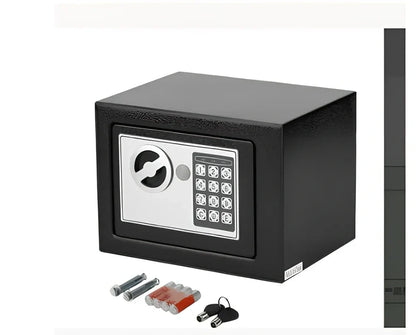 White mini office safe 230x170x170mm with password lock and 1/2mm panels on desk