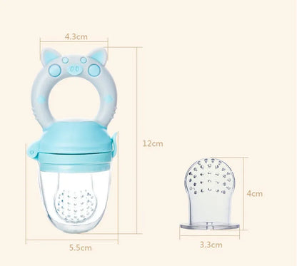 Silicone baby teether chew toy in blue, green, or pink for infant gum relief