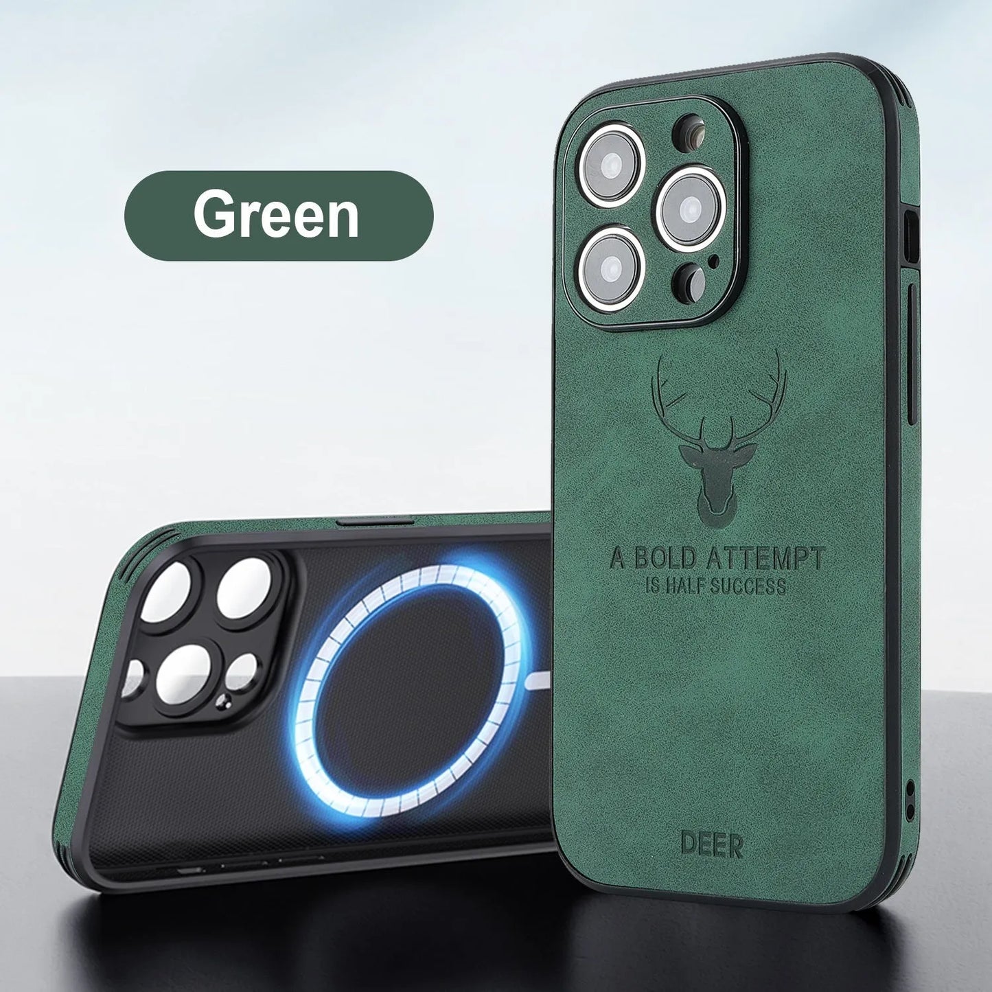 iPhone 16 magnetic charging case with a raised 3D embossed moose head pattern on a faux leather back in dark green.