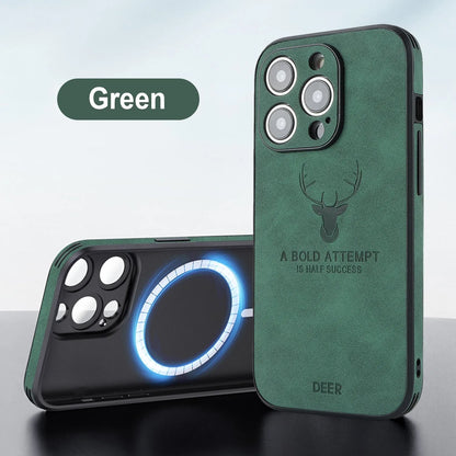 iPhone 16 magnetic charging case with a raised 3D embossed moose head pattern on a faux leather back in dark green.