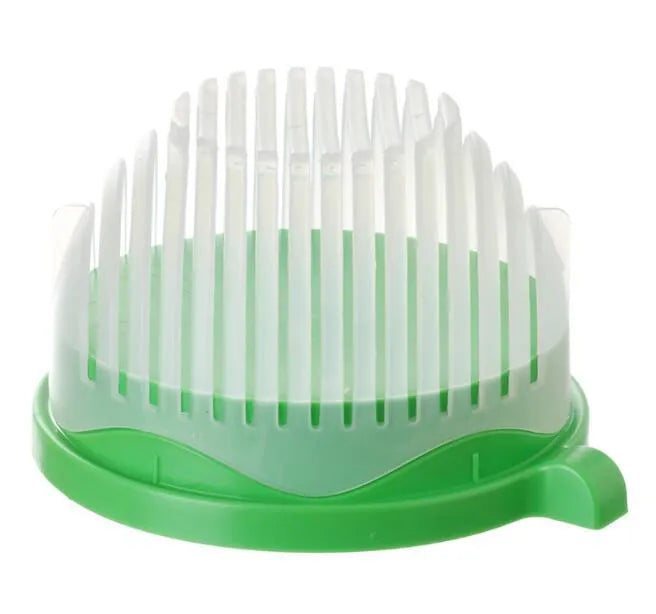 Blue salad cutter bowl showing cutting lid with seams, drain basket function, and reversible base plate