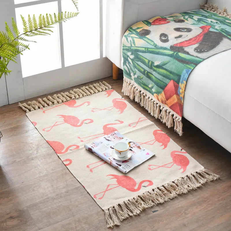 Scandinavian style hand-woven cotton linen floor mat 60 x 90 cm with tassels in cactus pattern