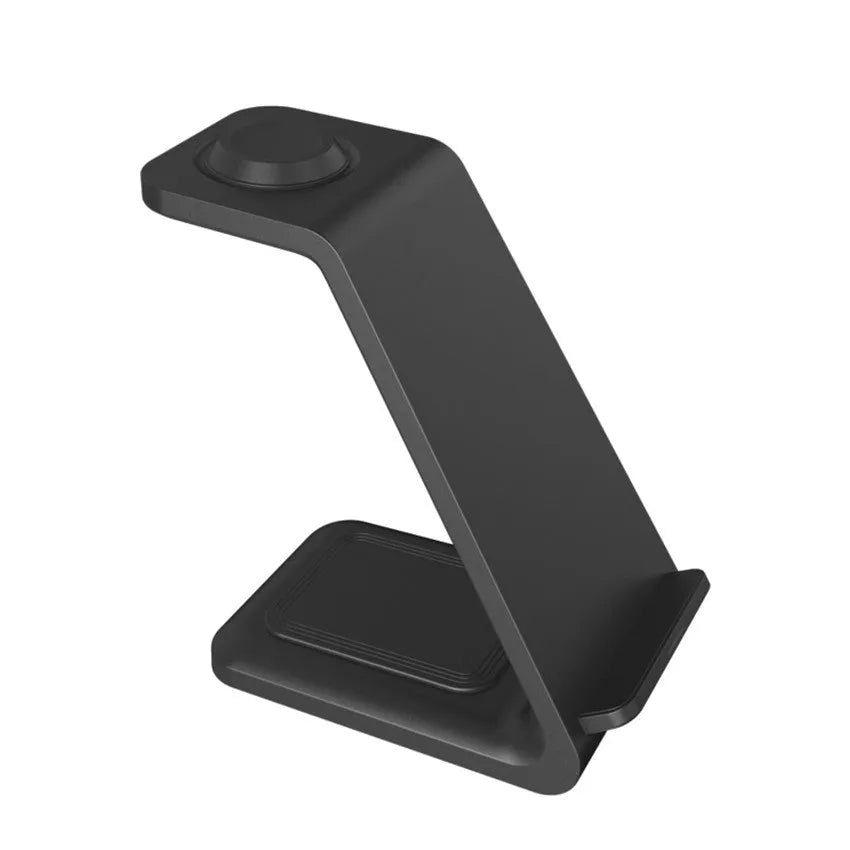 White 3-in-1 wireless charging station with phone upright in holder, watch and earbuds on charging pads