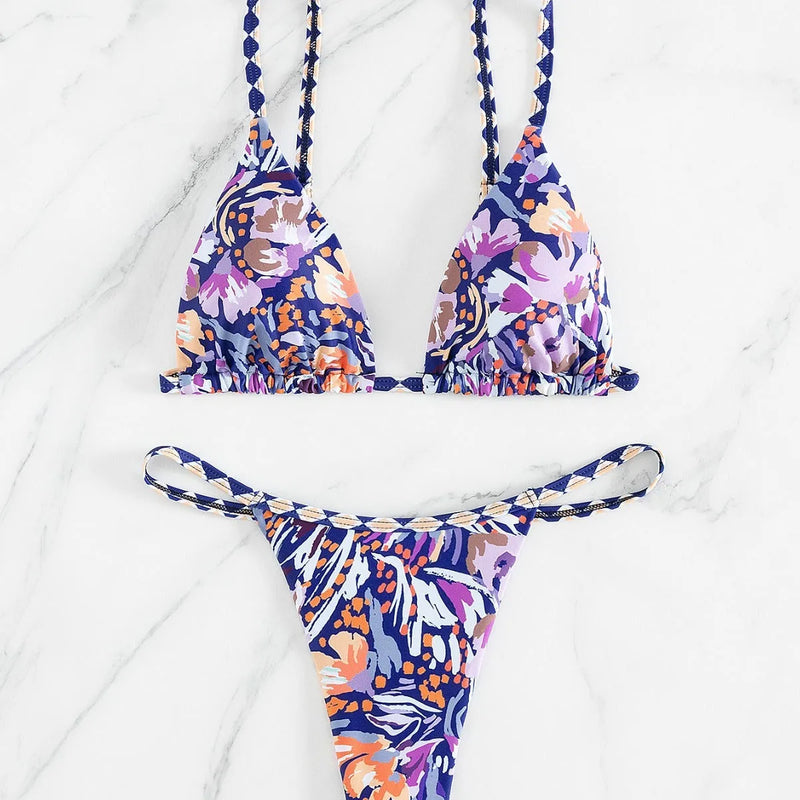Women's split printed triangle bag swimsuit in polyester fabric with floral pattern briefs style in Asian sizing for S M L adult female beachwear