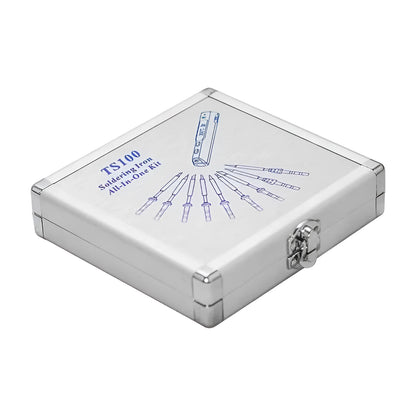 Silver aluminium storage box for TS100 soldering iron with dimensions 154x147x36mm