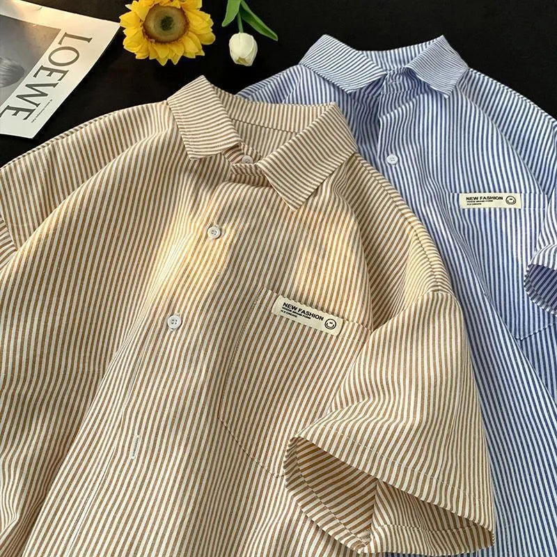 Loose plus size striped half sleeve shirt in blue or green colour