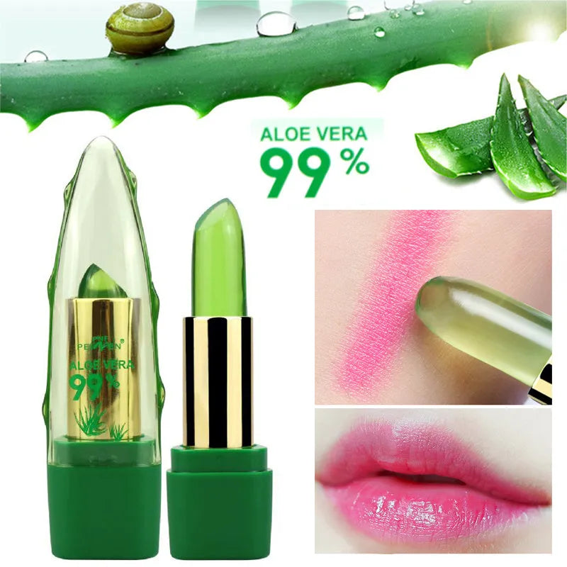 Aloe vera gel colour changing lipstick gloss in a tube, shown with a swatch of its adaptive pink shade.