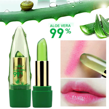 Aloe vera gel colour changing lipstick gloss in a tube, shown with a swatch of its adaptive pink shade.