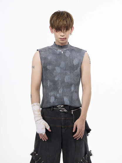 Men's black silver pastebrushing sleeveless t-shirt with stand collar and wool vest styling