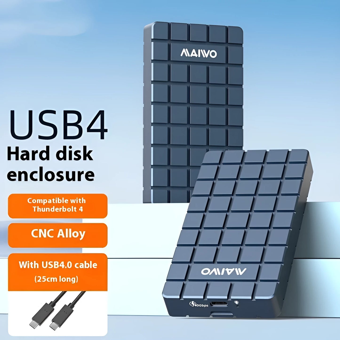 Slim aluminium USB4 hard disk enclosure for M.2 NVMe SSDs, shown next to a laptop.