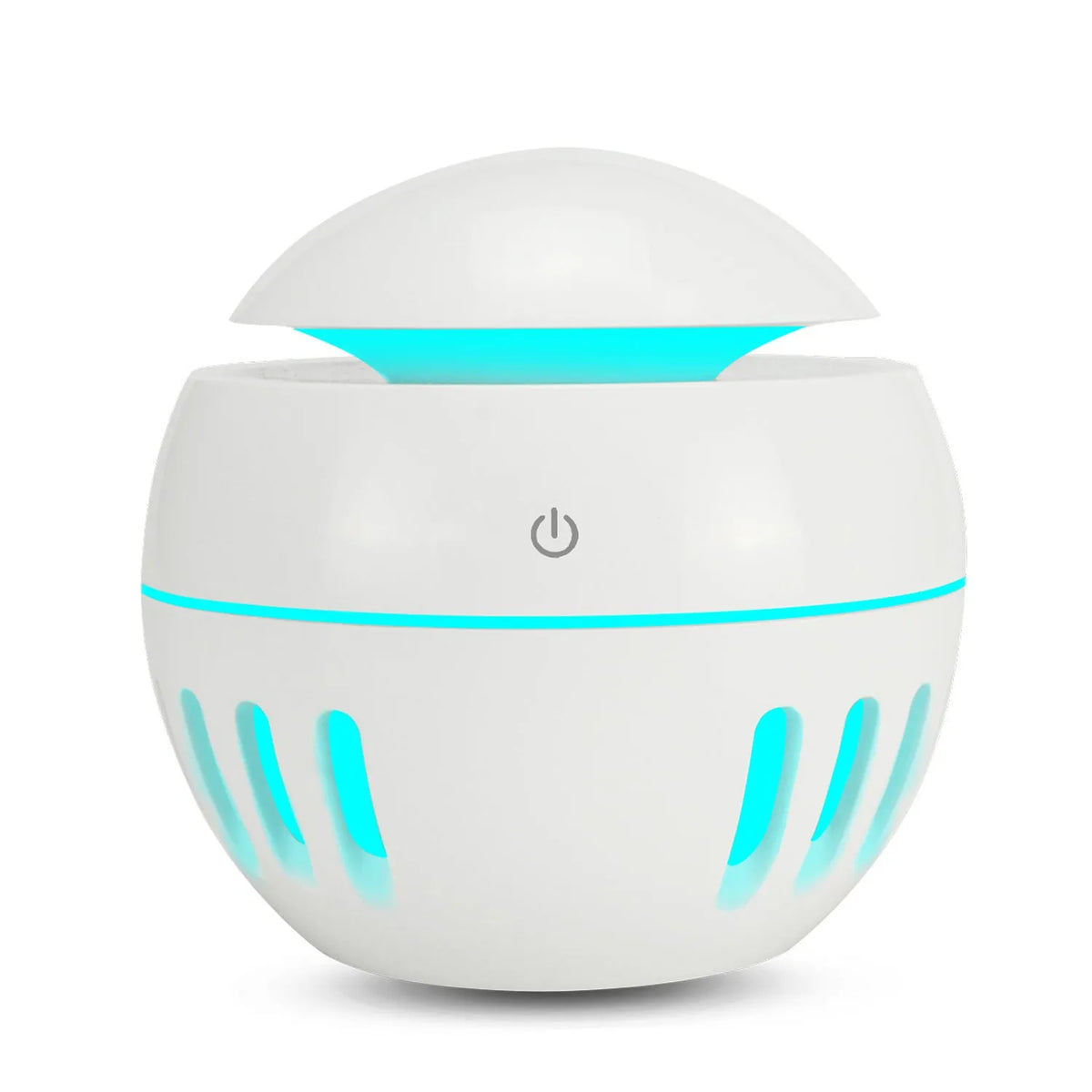 Portable USB humidifier in dark wood, light wood or white with 1 litre water tank and single fog outlet.