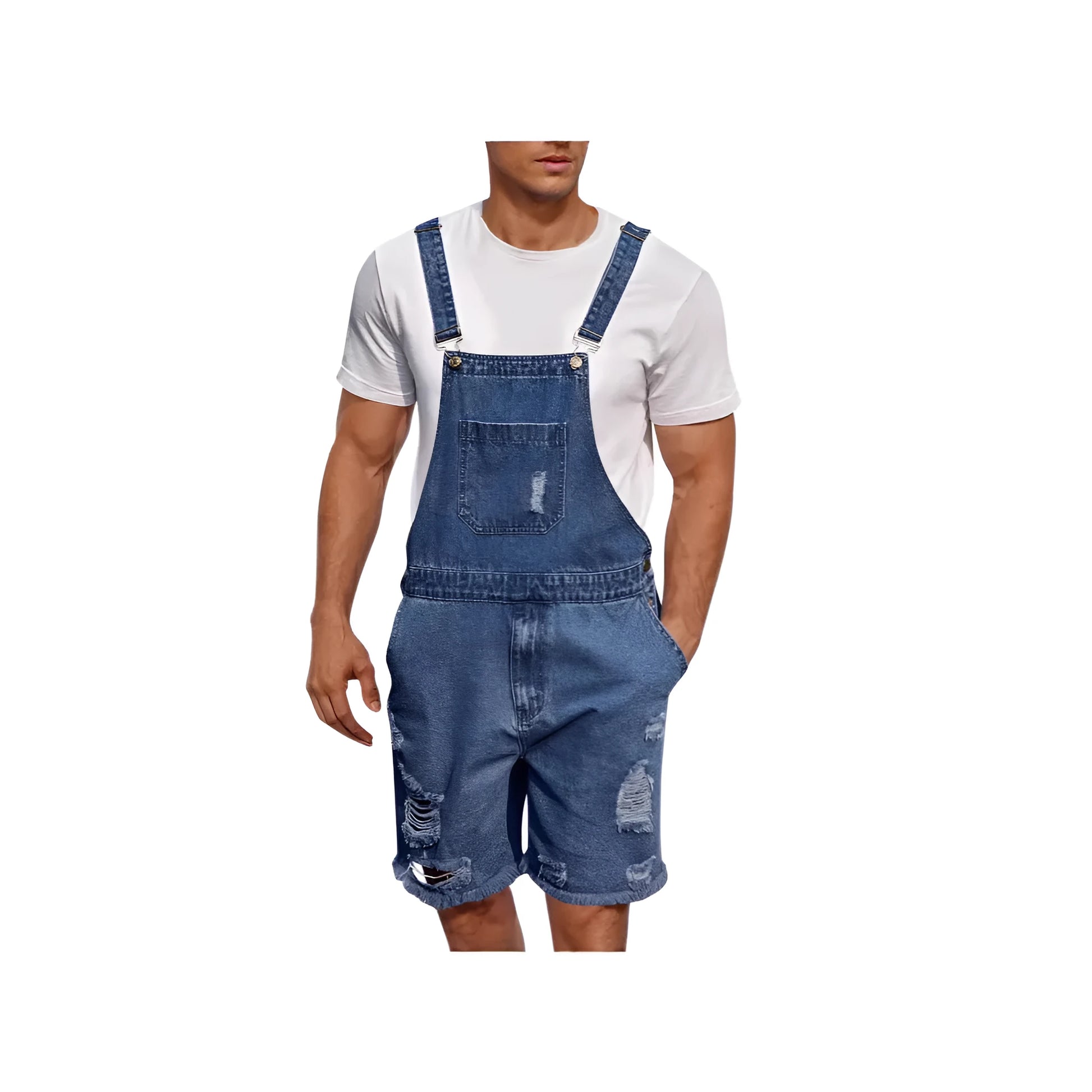 Men's ripped denim suspender shorts in straight-leg style with adjustable straps