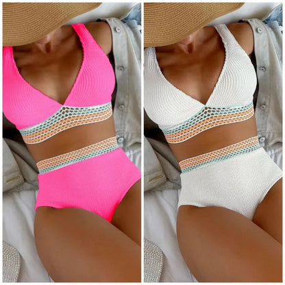 Women's high waist bikini set in solid pink colour, showing sleeveless top and briefs.