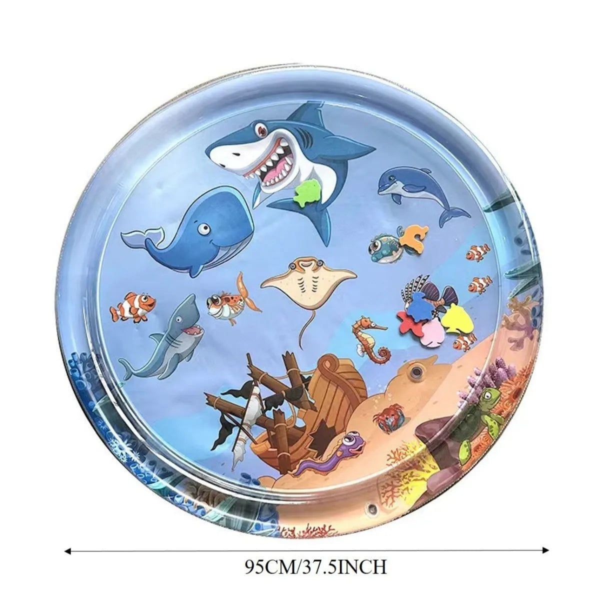Blue ocean-themed cat water play mat with floating fish toys inside an inflated square border on a wooden floor.