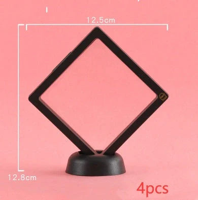 3D floating jewelry coin display stand in white and black, showcasing collectibles in mid-air