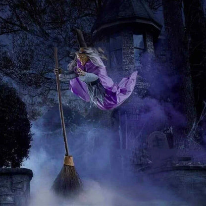 Floating witch Halloween decoration with broom, lifelike scary face, and purple hovering skirt