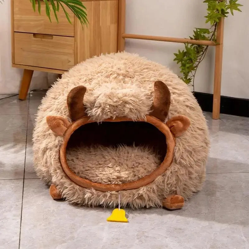 Brown yak shaped semi-enclosed cat cave bed with cover, 45 x 40 x 40 cm, for indoor and outdoor pet use