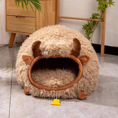 Brown yak shaped semi-enclosed cat cave bed with cover, 45 x 40 x 40 cm, for indoor and outdoor pet use