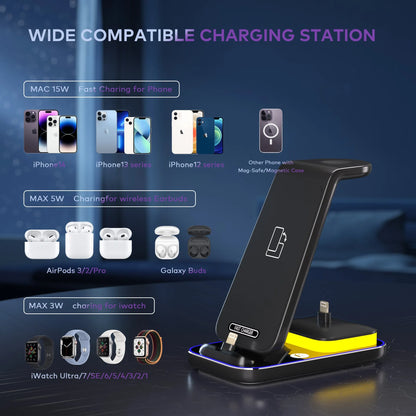 Vertical wireless charger stand charging phone and smart watch simultaneously
