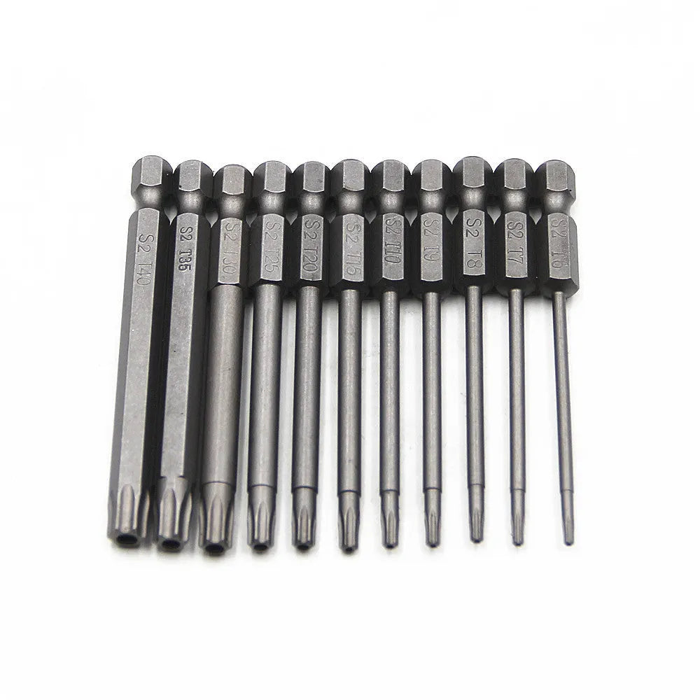 Hexagon handle alloy screwdriver bit set showing 50mm, 75mm, and 100mm lengths for Type 0 plum blossom hollow screws.