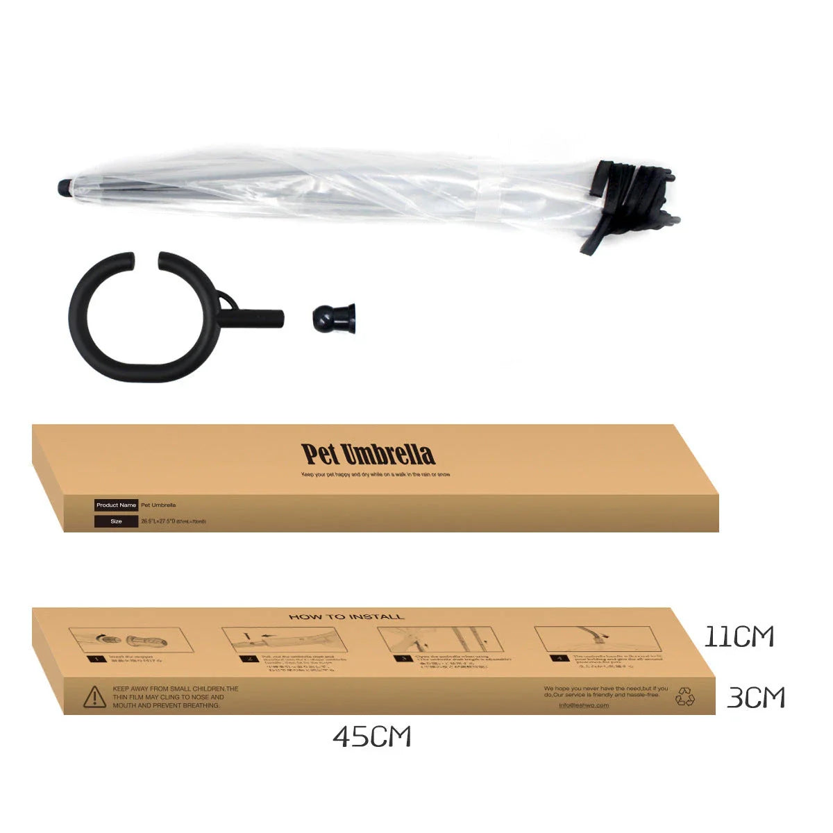 Adjustable transparent pet umbrella with comfortable C-shaped handle and durable PVC and glass fibre construction