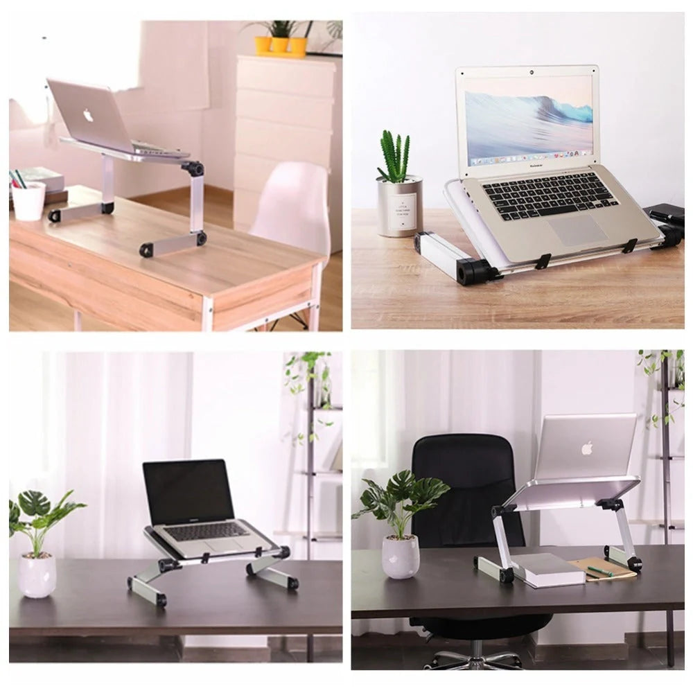 Adjustable foldable laptop stand in black and white, supporting ergonomic posture for laptops and tablets
