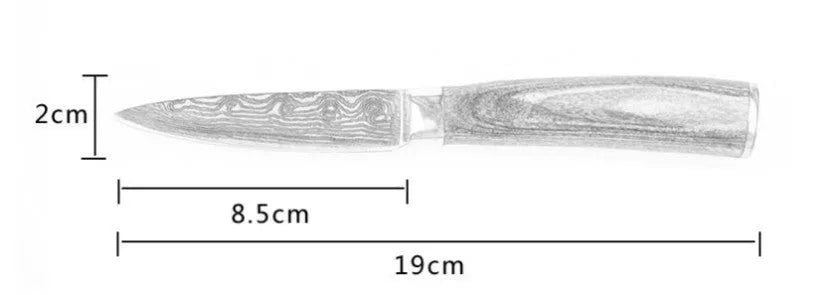 Professional chef knife with laser-etched Damascus pattern on 7Cr17 steel blade and coloured wood handle.