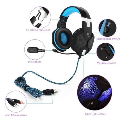 G1000 gaming headset with microphone in Blue, over-ear wired design with 3.5 dual plug and USB connection