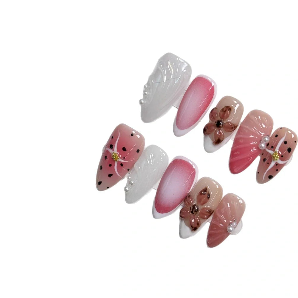 Hand-painted nail patches with three-dimensional carved embossed candy patterns in almond shape