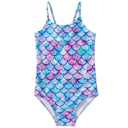 Children's mermaid one-piece swimsuit for girls in polyester with high elasticity, shown in various colours