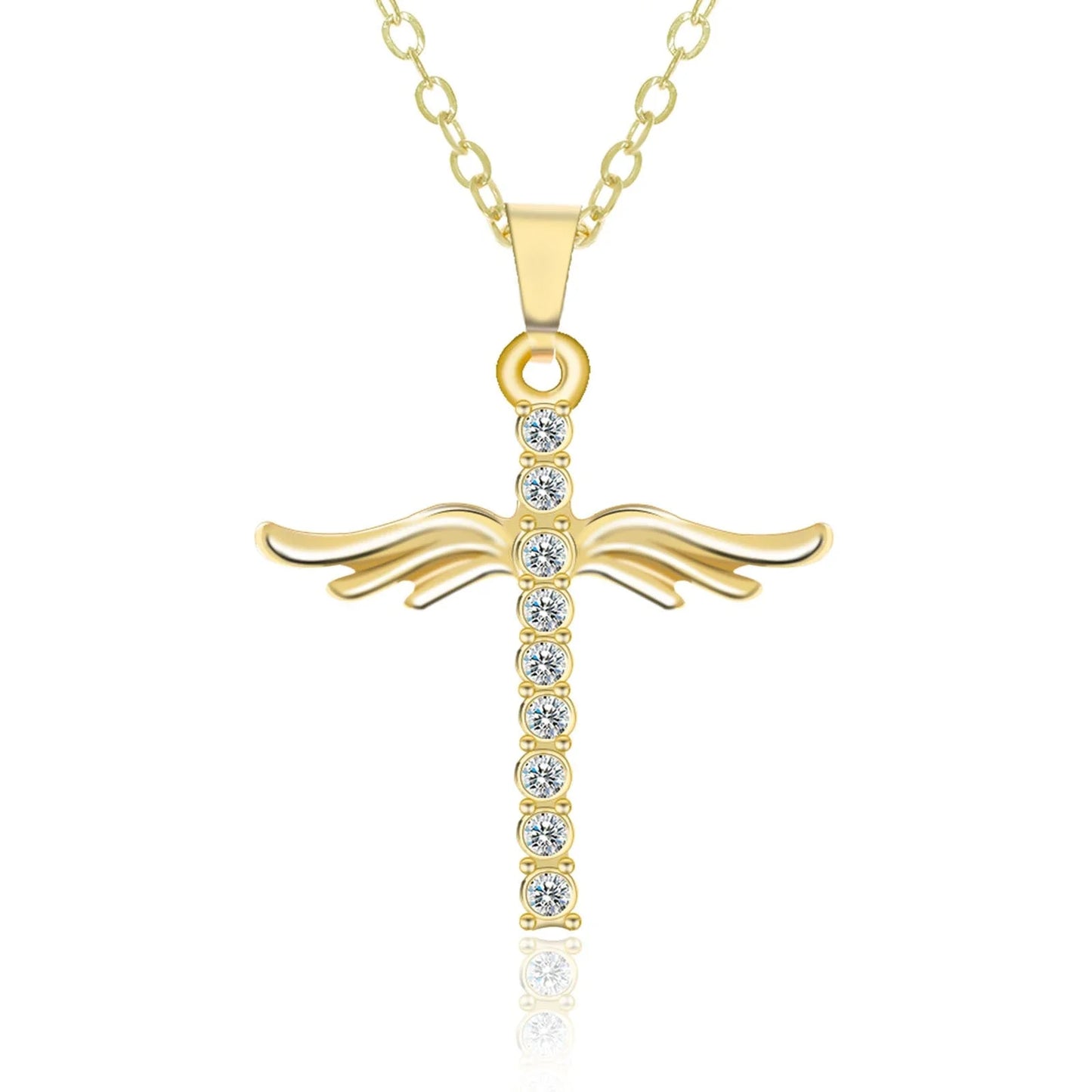Elegant angel wings cross pendant necklace made of high-quality alloy in gold and silver tones, with adjustable chain length.