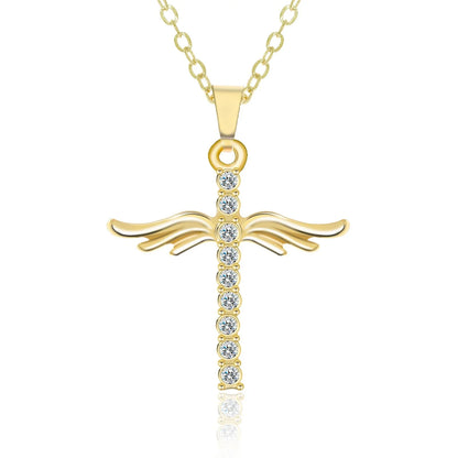 Elegant angel wings cross pendant necklace made of high-quality alloy in gold and silver tones, with adjustable chain length.