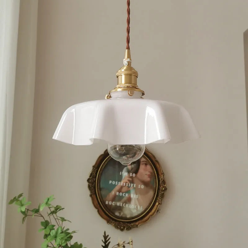 Medieval French brass flower bud chandelier with glass body and adjustable hanging chain