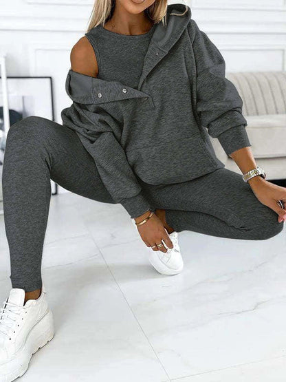Women's 3-piece sports suit with hooded sweatshirt, vest, and slim trousers in various colours