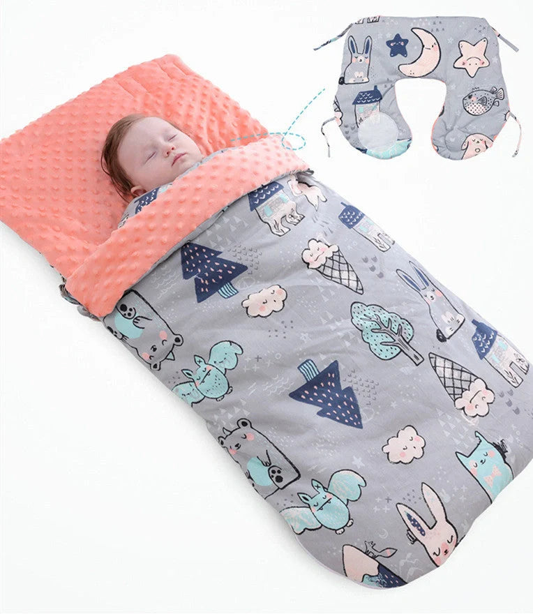 Newborn baby blanket with warm fleece and stroller cover in pink horse design