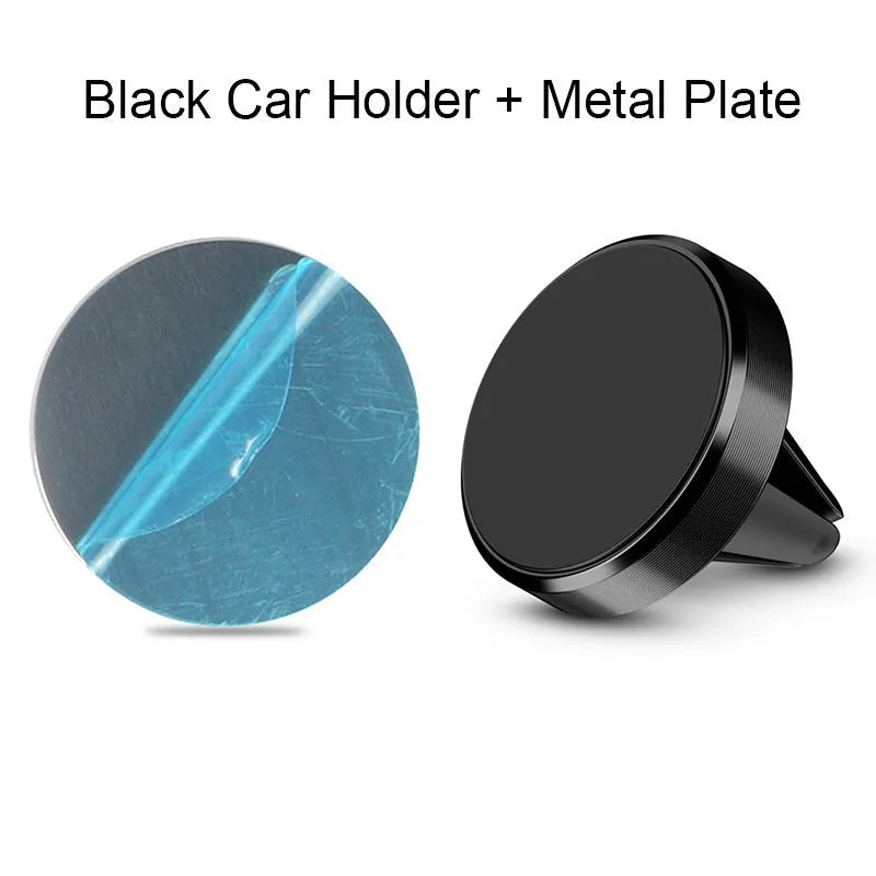 Silver aluminium alloy magnetic car phone holder with rotating ball head mounted on a car air vent.