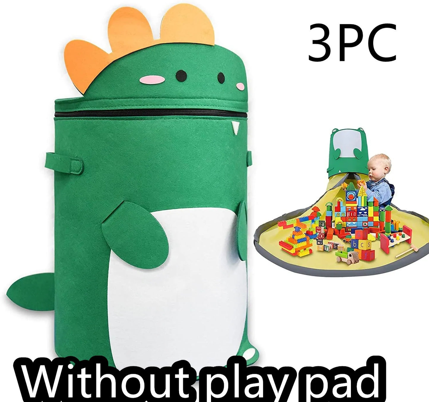 Green felt storage cube with pull rope unfolded flat to show 35cm square waterproof play mat