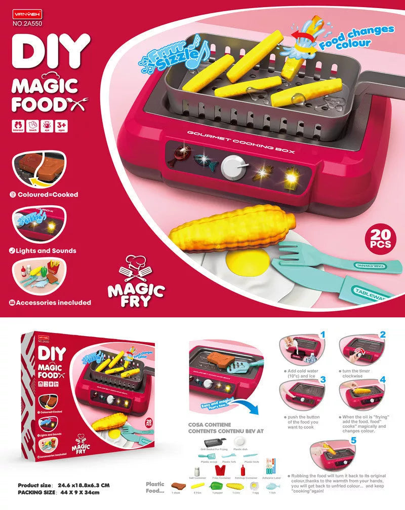 Children's induction kitchen toy set with colour-changing food feature, red and blue options