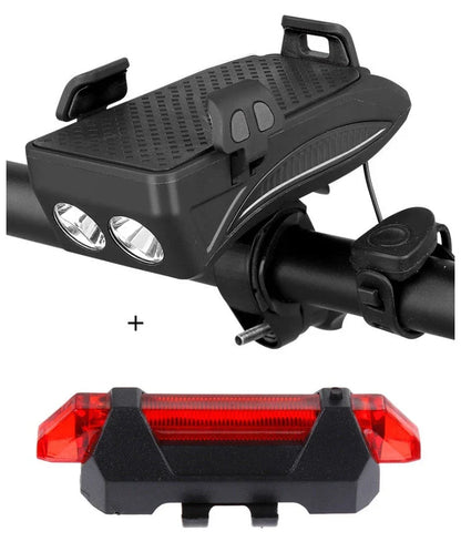 Multifunctional bike mount with horn, lights, and adjustable phone holder for secure storage and charging on the go