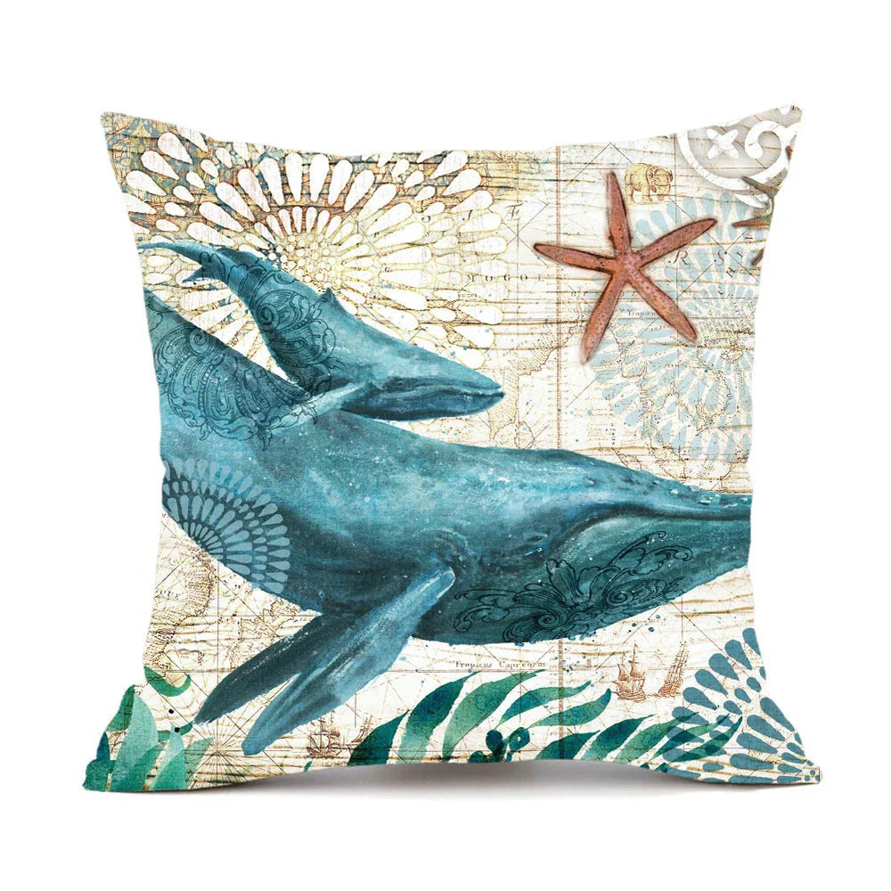Colorful throw pillow covers featuring vibrant sea creature designs like turtles, octopuses, and seahorses printed on soft, durable linen fabric