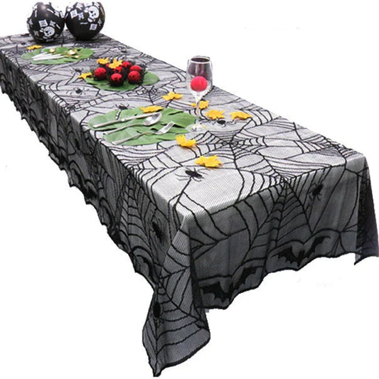 Elegant black lace tablecloth with spider web design, perfect for Halloween celebrations in the UK