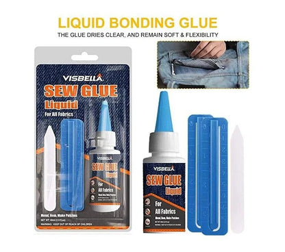 Clothing repair glue kit with two bottles, fixing clips, and applicator pen