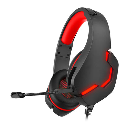 J10 3.5mm wired gaming headset with mic, LED lights, soft PU earmuffs, and blue or red colour options