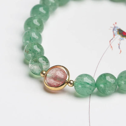 Green strawberry quartz crystal bracelet with geometric design and auspicious patterns